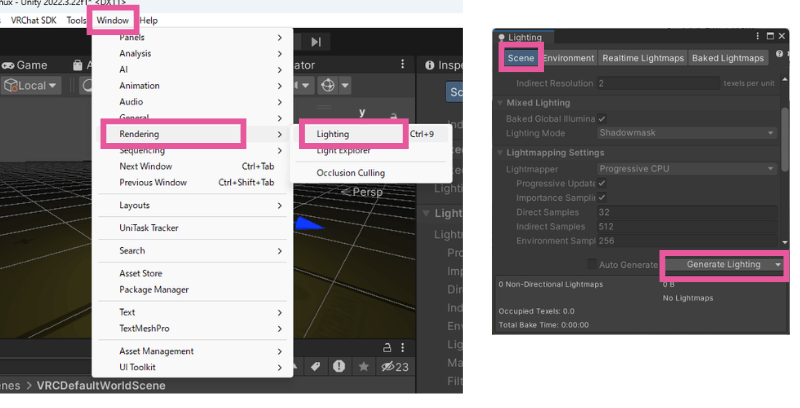 Lightingウィンドウからライトベイクを実行