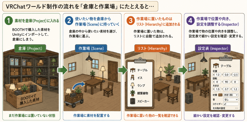 ワールド制作の流れを倉庫と作業場でたとえた図