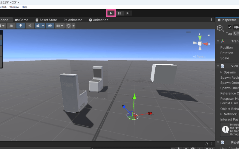 Unityの再生ボタンを押す画面