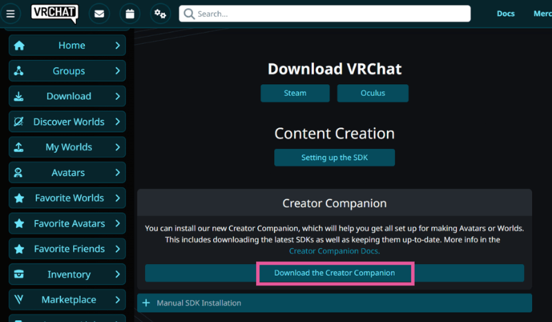 VRChat公式サイトからVCCをダウンロードする画面