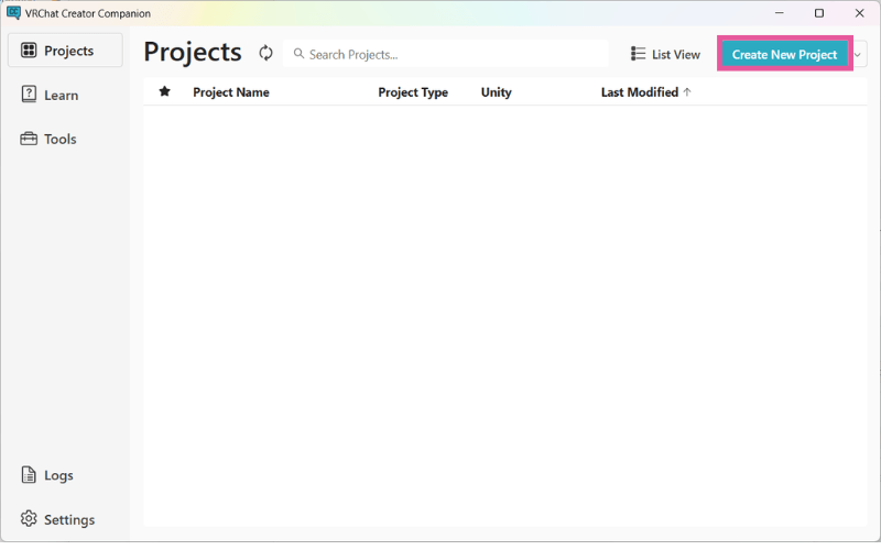 VCCのProjects画面でCreate New Projectを押す画面