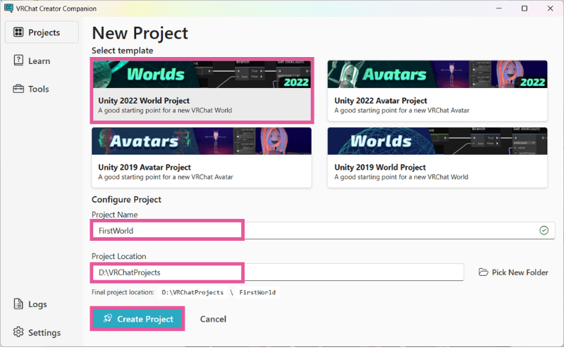 VCCでUnity 2022 World Projectを選び、プロジェクト名と保存場所を指定する画面
