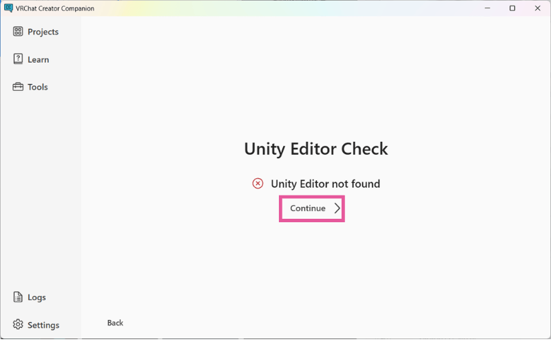 VCCでUnity Editorが見つからないためContinueを押す画面
