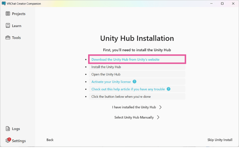 VCCでUnity Hubのダウンロードを案内されている画面