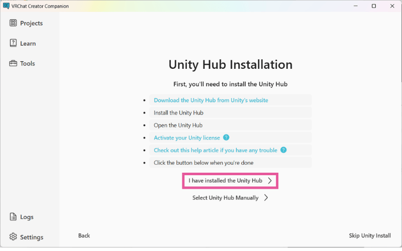 Unity Hubのインストール後にVCCでI have installed the Unity Hubを押す画面