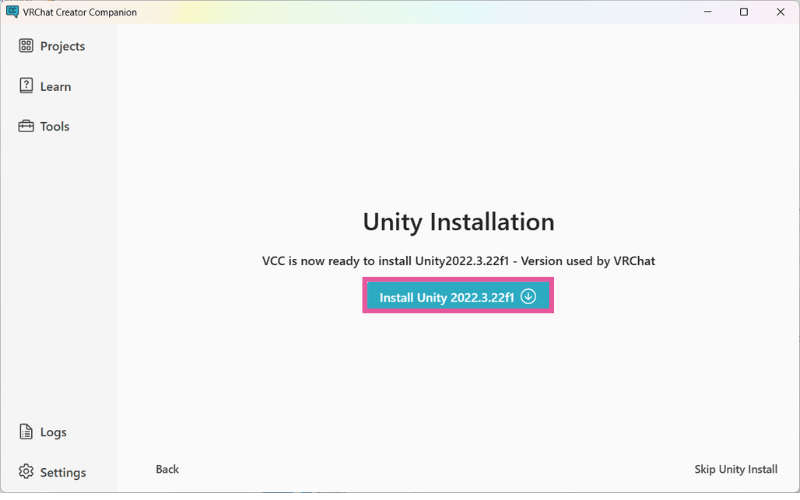 VCCでVRChat対応Unity 2022.3.22f1をインストールする画面