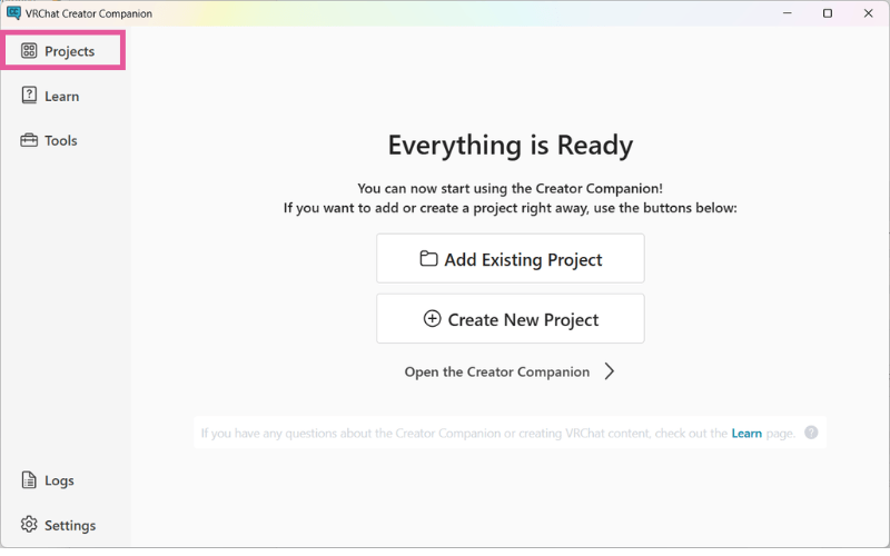 VCCのセットアップ完了後に左側メニューのProjectsを開く画面