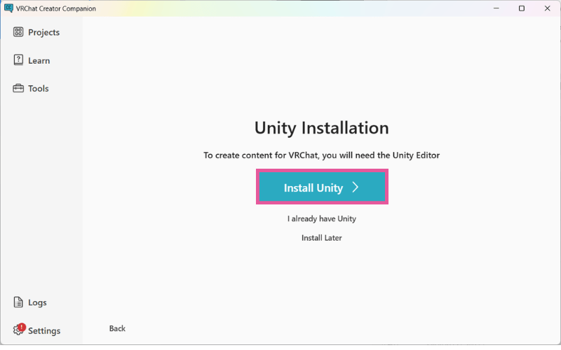 VCCのUnity Installation画面でInstall Unityを押す画面