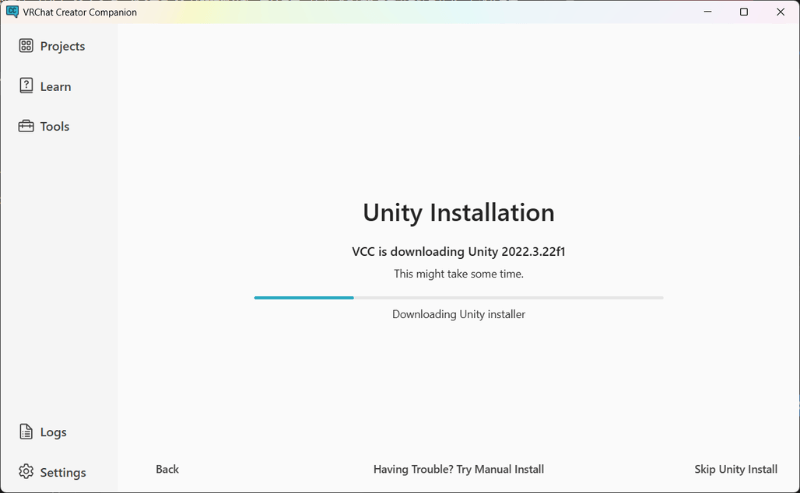 VCCでUnity 2022.3.22f1をダウンロードしている画面