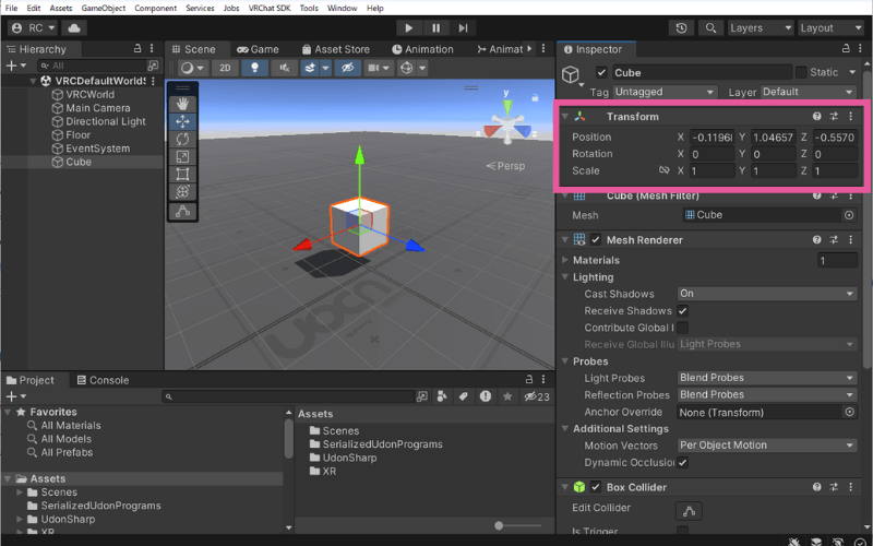 InspectorでCubeのTransformを確認する画面
