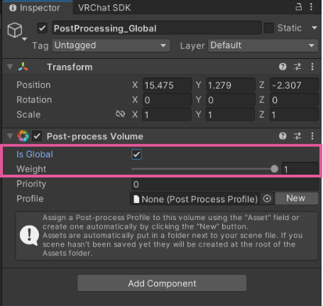 Post-process VolumeコンポーネントのIs GlobalをON