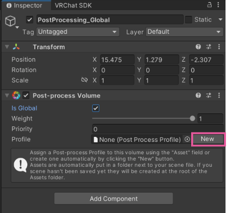Post-process VolumeコンポーネントのProfileを新規作成